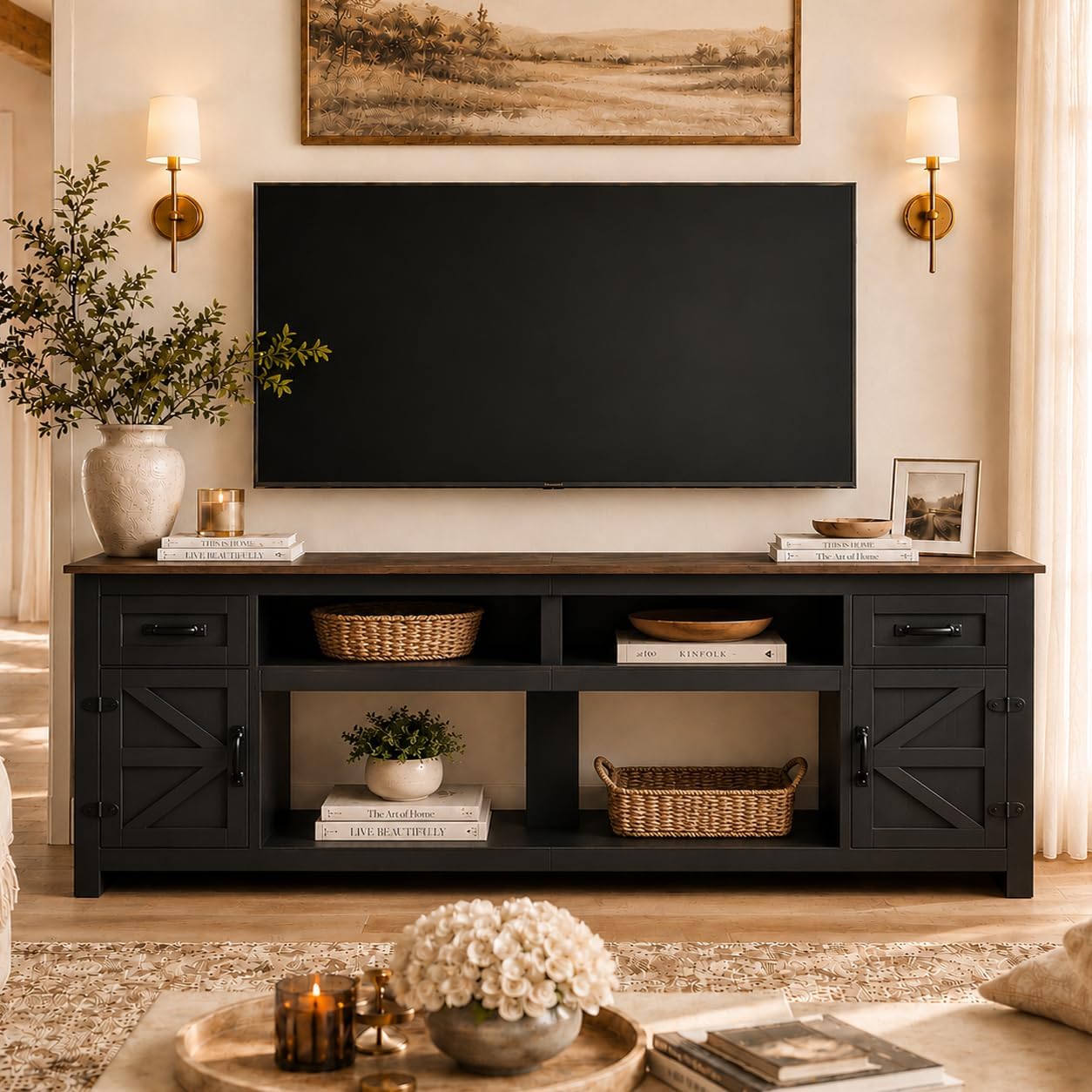 DATEYES Fireplace TV Stand with Barn Door, Farmhouse Entertainment Center with Fireplace, TV Console for Living Room
