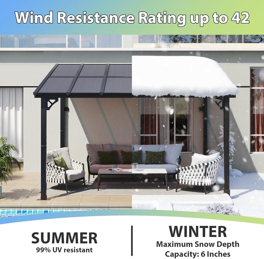 Aoxun 12'x 10' Premium Gazebo with Aluminum Top Frame & Polycarbonate Panel, Wall Mounted Gazebos Pergola, Outdoor Patio Lean to Gazebo, Awnings with Sloped Roof, for Backyard, Porch, Deck, Black