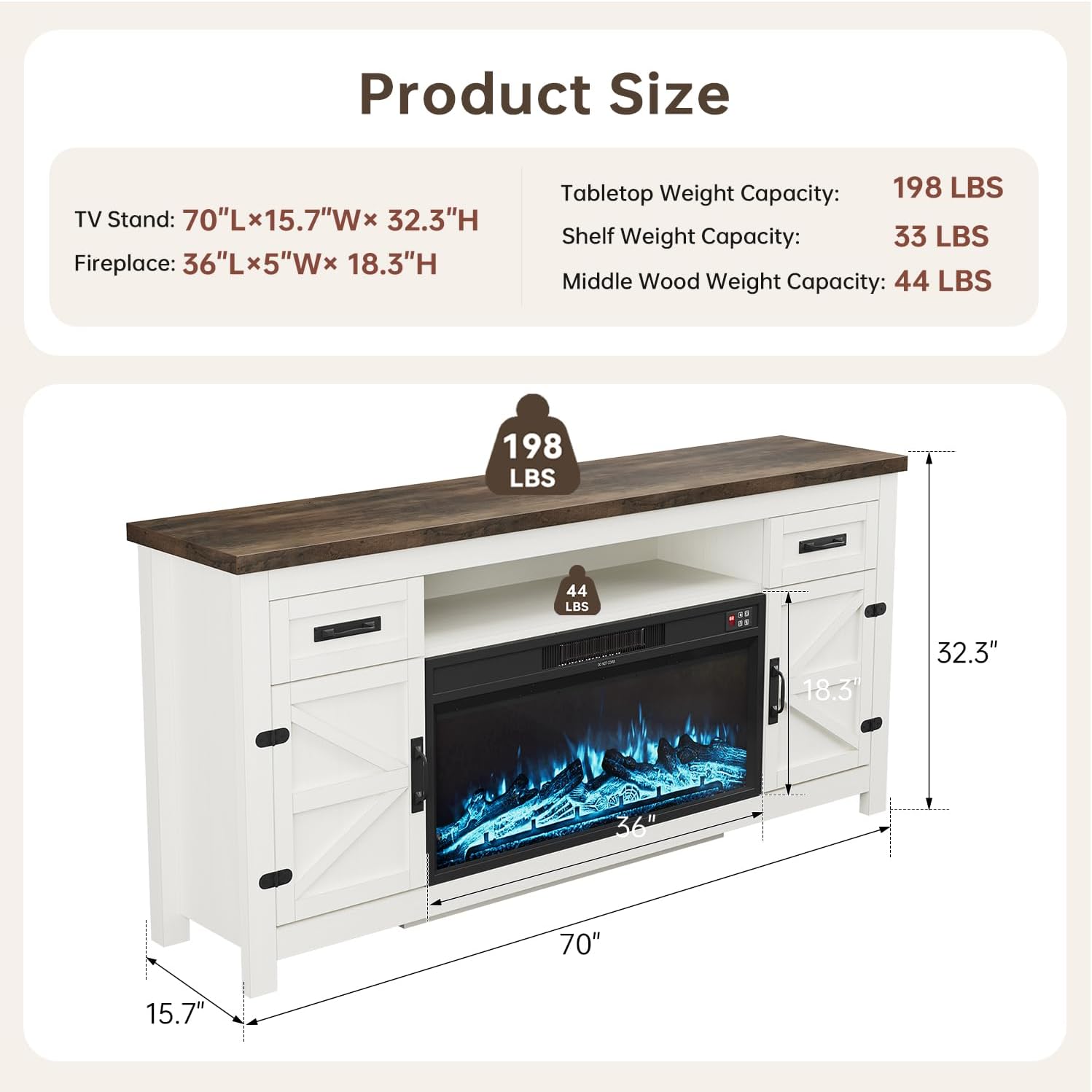 DATEYES Fireplace TV Stand with Barn Door, Farmhouse Entertainment Center with Fireplace, TV Console for Living Room