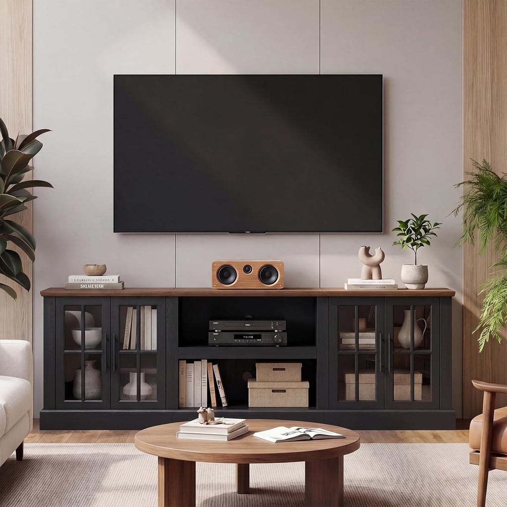 Breezestival 80 Inch Farmhouse TV Stand for TVs up to 90", Media Entertainment Center with Adjustable Shelves and Large Storage Cabinets, for Living Room, Black