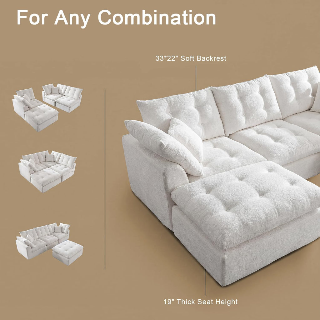 Nordivale 110" Cloud Sectional Couches L-Shaped Modular Boneless Chenille Sofa Couches with Deep Seat Ottoman and Side Pockets, Module Combination for Living Room 3 Seater