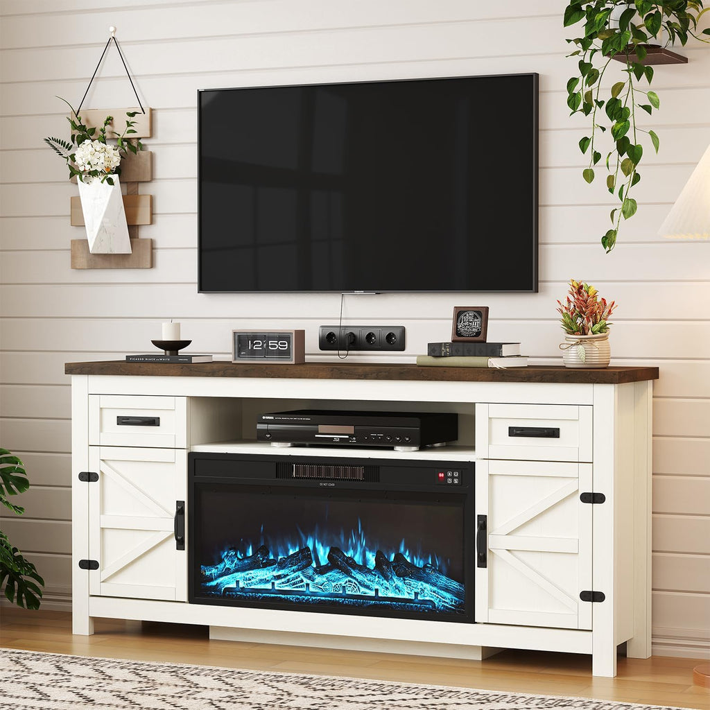 DATEYES Fireplace TV Stand with Barn Door, Farmhouse Entertainment Center with Fireplace, TV Console for Living Room