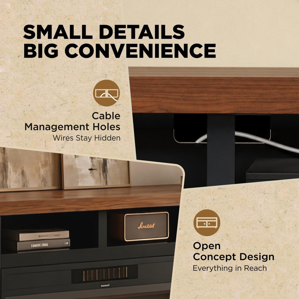 Aldercliff 98" Solid Wood Fireplace TV Stand, Entertainment Center with 40" WI-FI Electric Fireplace,Modern TV Media Console with Tempered Glass Doors for Living Room, Black