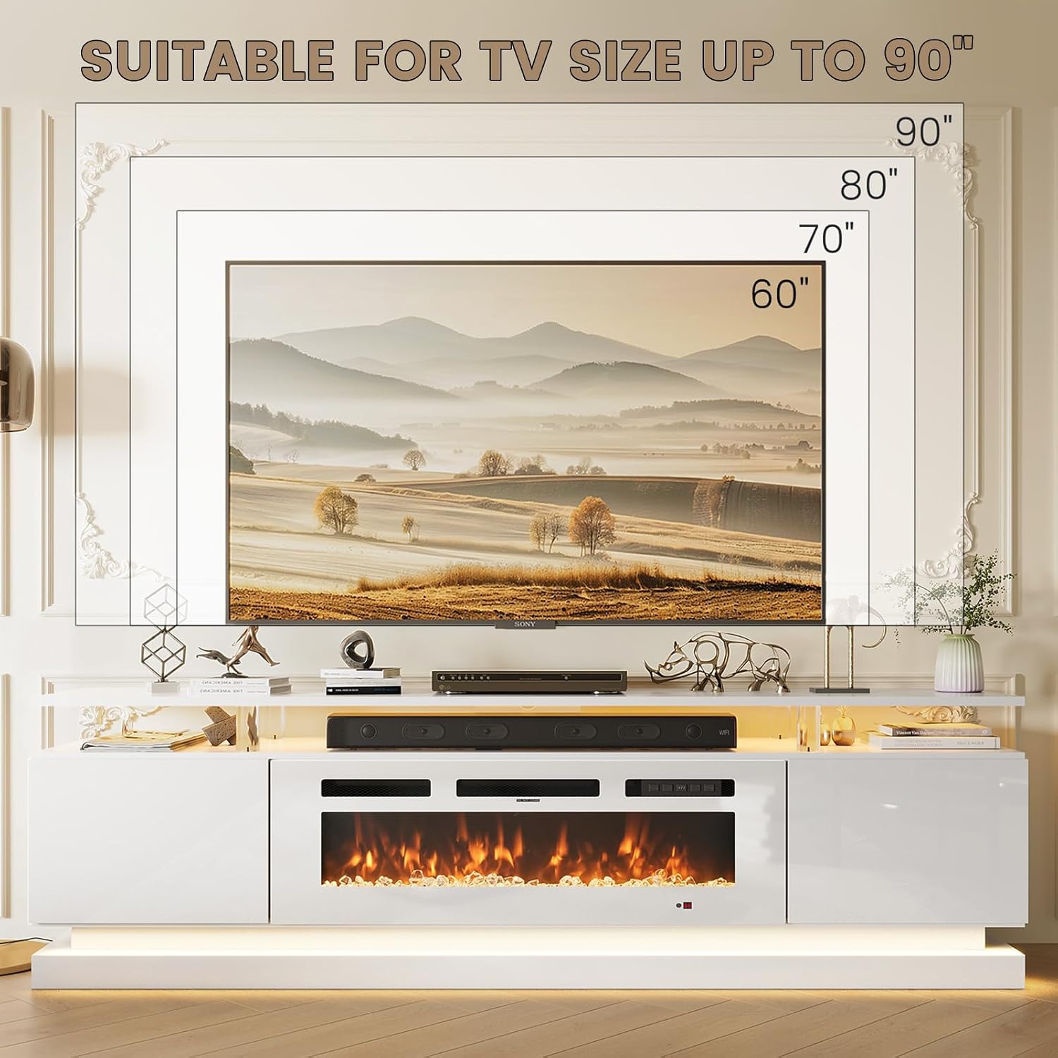Nordivale 80" Fireplace TV Stand, Modern Entertainment Center for TVs Up to 90", TV Console with Storage Cabinets, Media Console for Living Room, White TV Stand and Black Fireplace