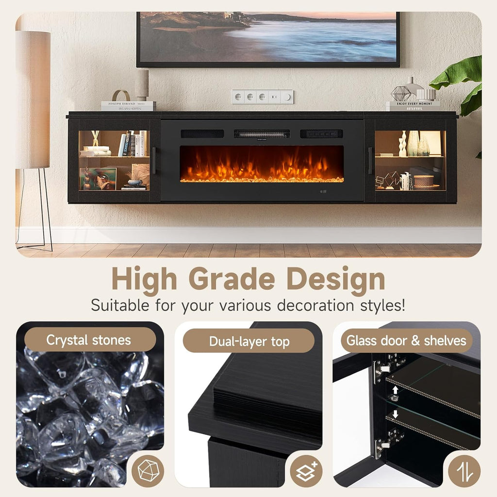 Nordivale 80" Floating TV Stand with 36" Electric Fireplace, Wall Mounted Fireplace Entertainment Center with Storage for TVs Up to 90",Fireplace TV Stand for Living Room，Brown&Black