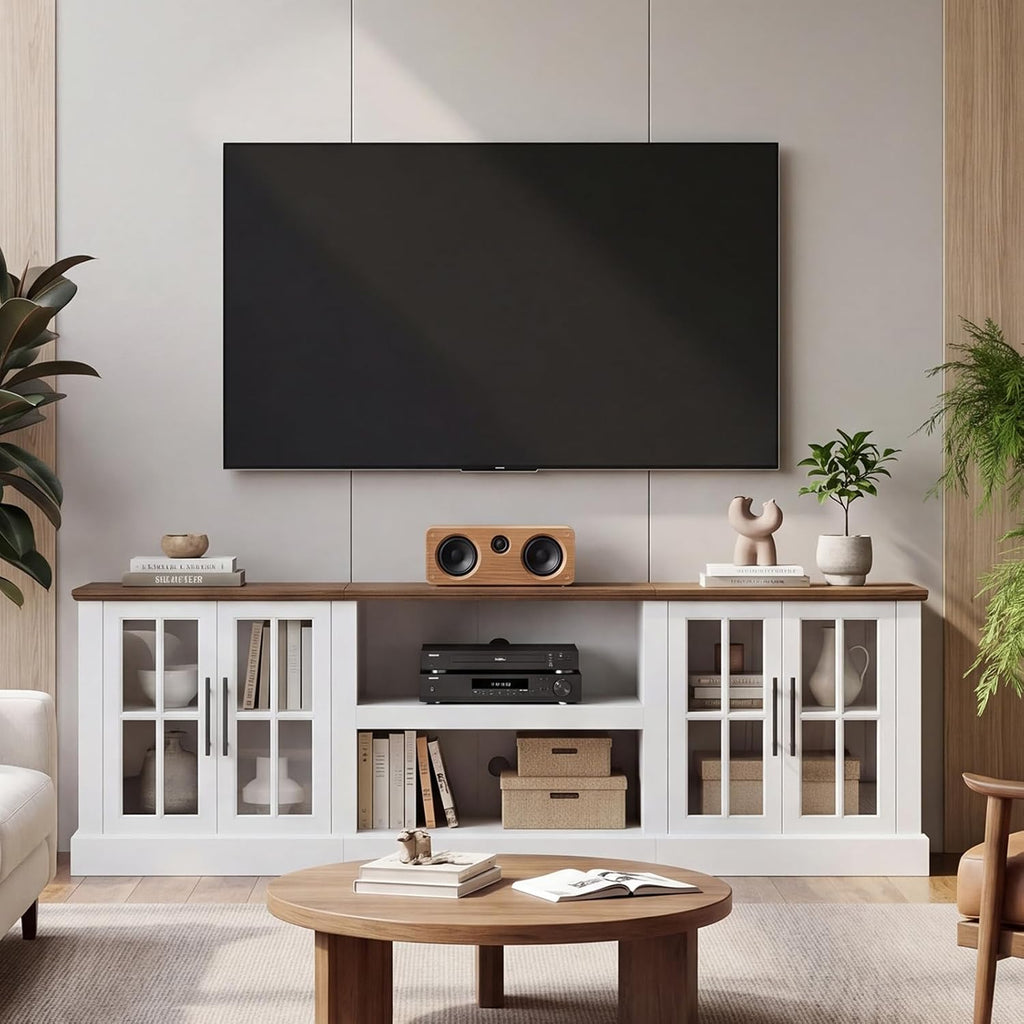 Breezestival 80 Inch Farmhouse TV Stand for TVs up to 90", Media Entertainment Center with Adjustable Shelves and Large Storage Cabinets, for Living Room, White