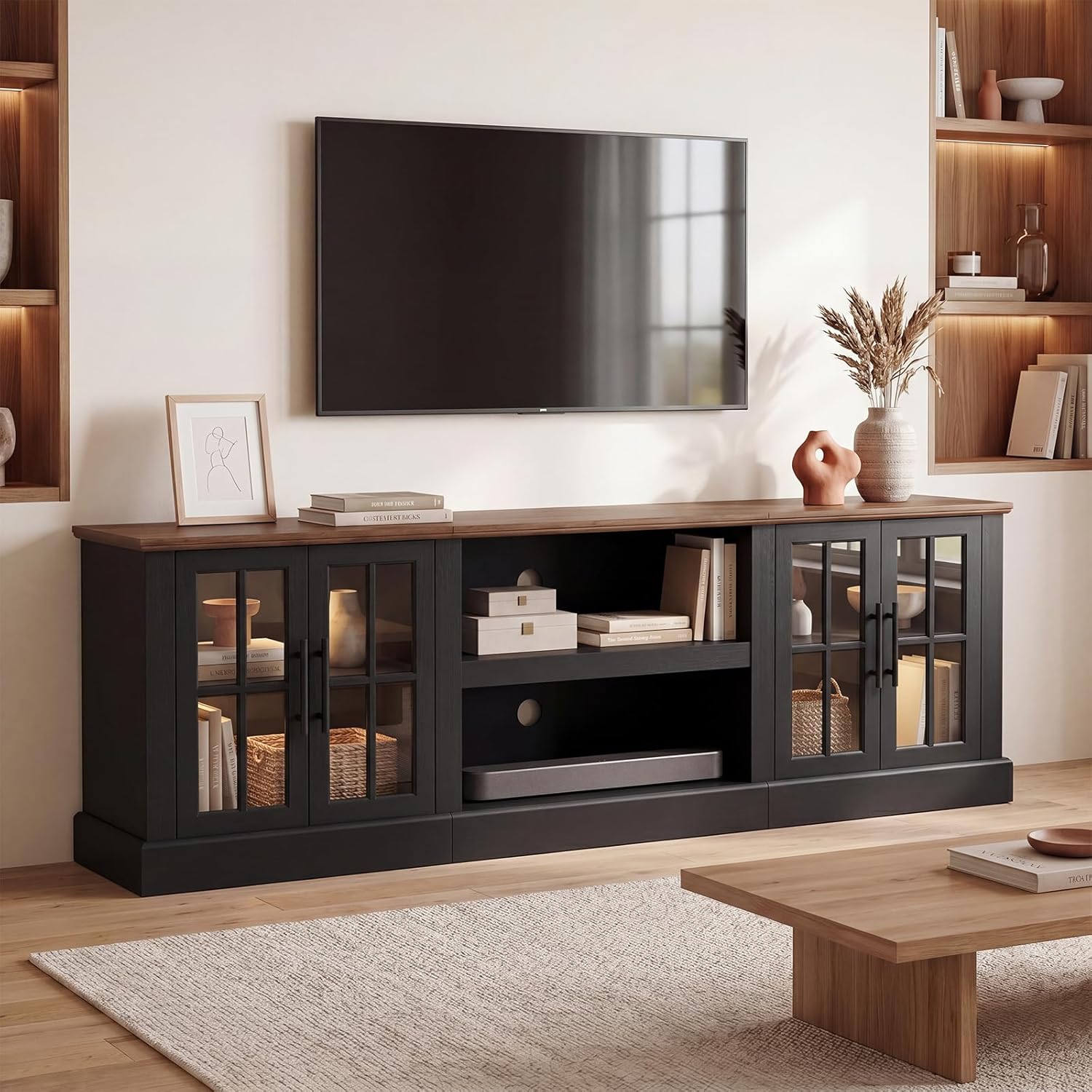 Breezestival 80 Inch Farmhouse TV Stand for TVs up to 90", Media Entertainment Center with Adjustable Shelves and Large Storage Cabinets, for Living Room, Black