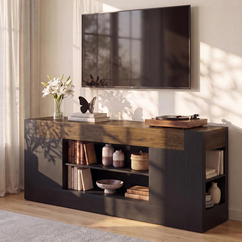70 inch TV Stand for TVs Up to 80 Inches with Storage, White | Modern Entertainment Center and Media Console with Open Shelves, 2 Side Cabinets and Thick-Frame Design for Living Rooms