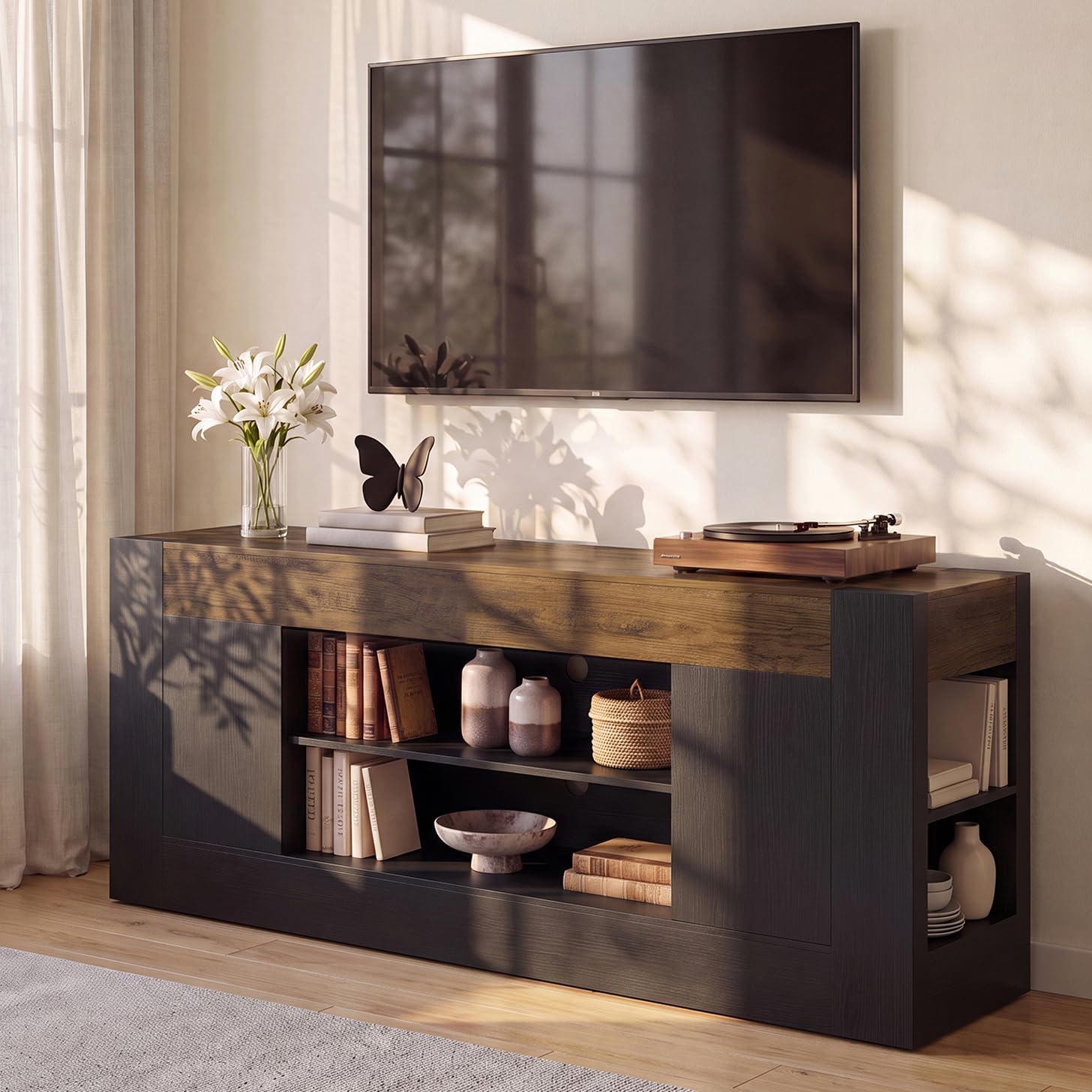 70 inch TV Stand for TVs Up to 80 Inches with Storage, White | Modern Entertainment Center and Media Console with Open Shelves, 2 Side Cabinets and Thick-Frame Design for Living Rooms