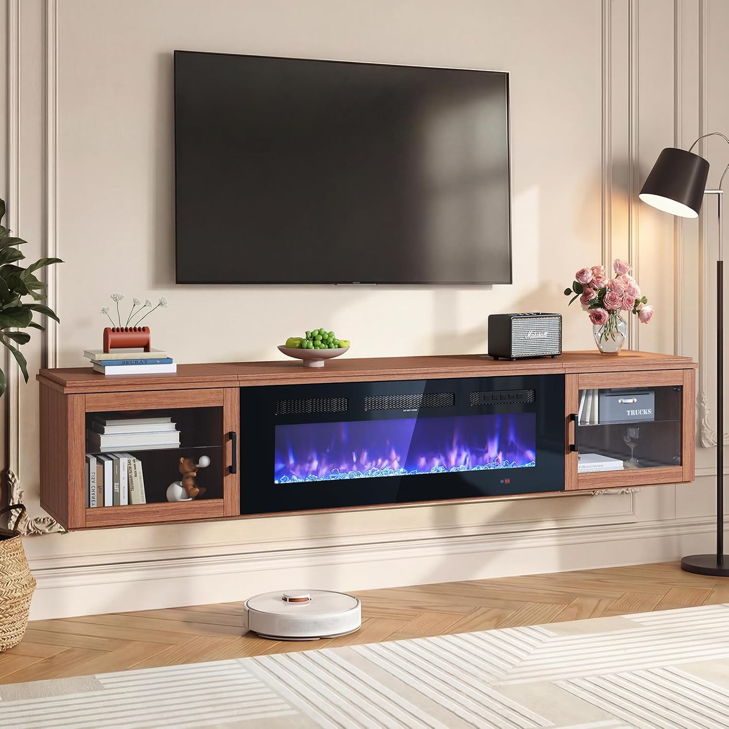 Nordivale 70" Floating TV Stand with 36" Electric Fireplace, Wall Mounted Fireplace Entertainment Center with Storage for TVs Up to 80",WI-FI Enable Fireplace TV Stand for Living Room,Brown&Black