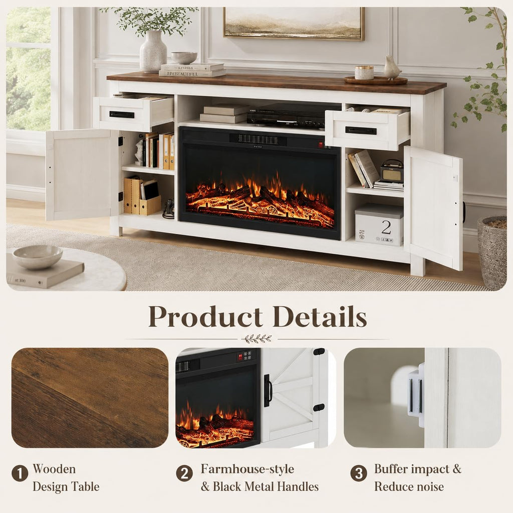 Nordivale Fireplace TV Stand with Barn Door, Farmhouse Fireplace Entertainment Center with Electric Fireplace and Storage for Living Room, 70inch, White