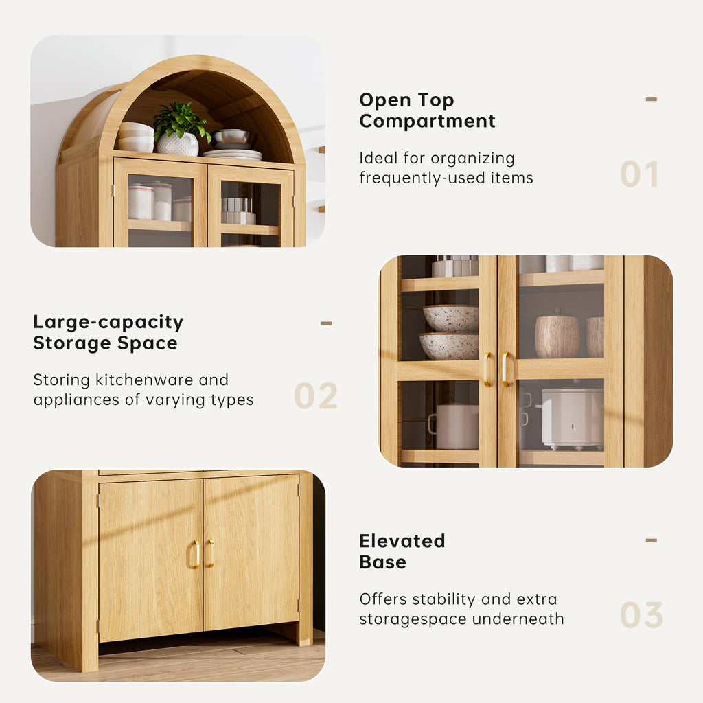 Breezestival 71" Tall Arched Kitchen Pantry Cabinet, Modern Farmhouse Wood Kitchens Storage Cabinets, Cupboard for Dining Room, Kitchen, Bathroom, Natural