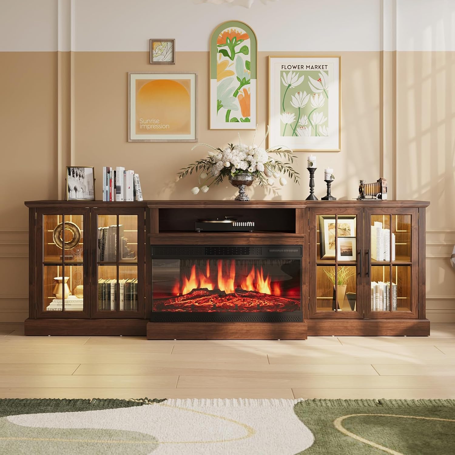 Nordivale 98 Inch Farmhouse TV Stand with 36" Fireplace for TVs up to 100", Media Entertainment Center with Adjustable Shelves and Large Storage Cabinets,Fireplace TV Stand for Living Room, Brown