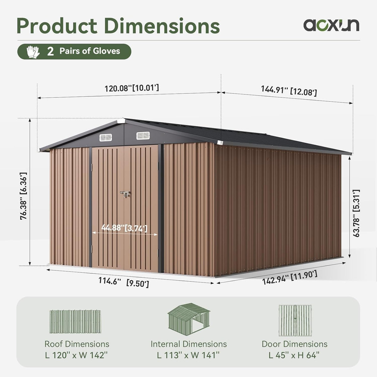 Aoxun 12 x 10FT Outdoor Storage Shed with Double Hinged Large Door, Brown