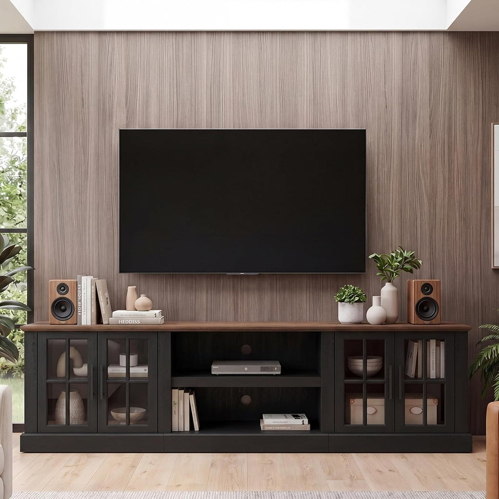 Breezestival 90" Farmhouse TV Stand for TVs up to 100", Media Entertainment Center with Adjustable Shelves and Large Storage Cabinets, for Living Room, Black
