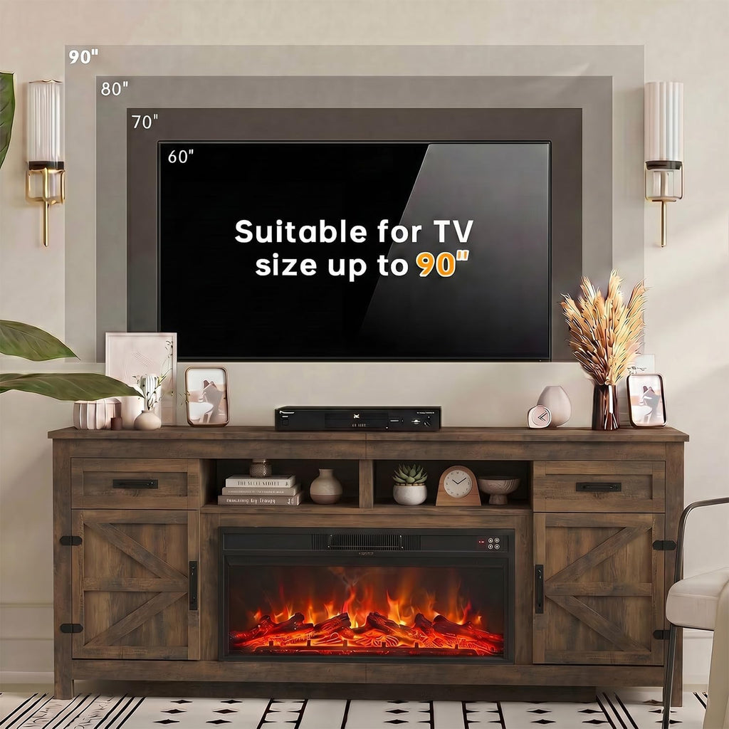 Breezestival Fireplace TV Stand, 80" Farmhouse TV Stand with Barn Door for 85" TVs, Entertainment Center with Black Fireplace & Storage, Brown