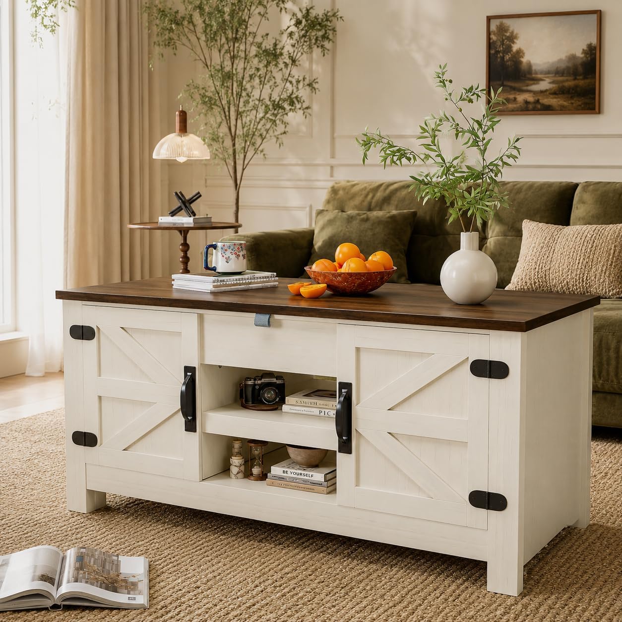 Farmhouse Lift Top Coffee Table with Barn Door, 48” Rustic Center Table for Living Room, Coffee Table with Hidden Storage Compartment, White