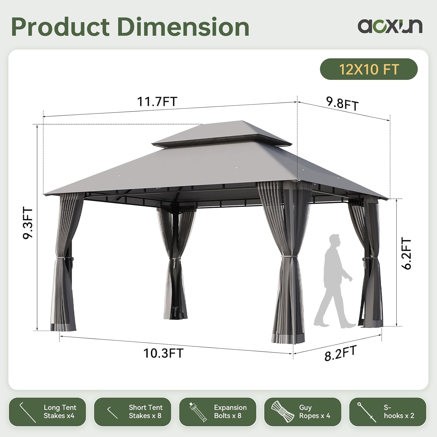 Aoxun 12x10 Gazebo with Double Roof & Mosquito Netting Outdoor Heavy-Duty Party Tent, Patio Tent with Zipper Screens - Backyard Garden Lawn Shelter Includes Wind Ropes Expansion Bolts, Gray