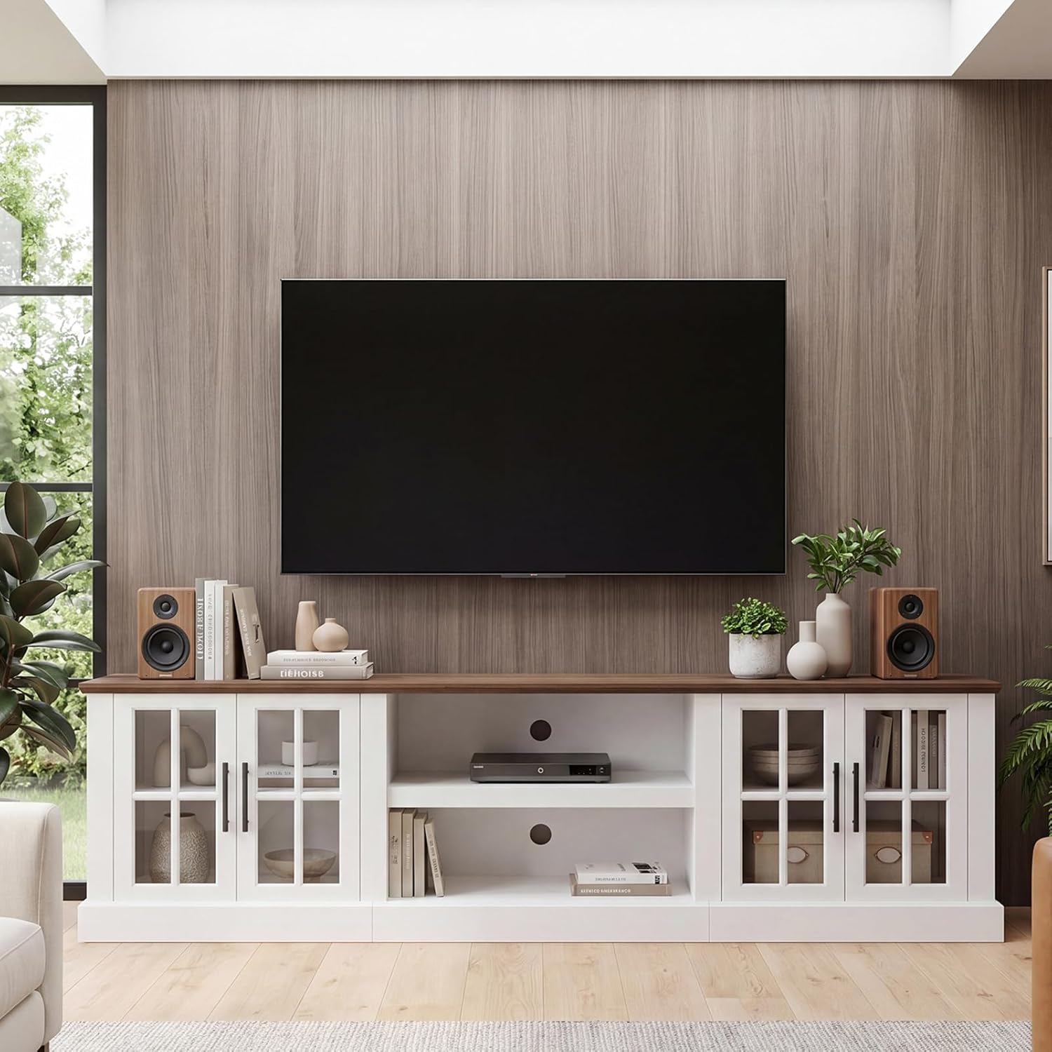 Breezestival 90 Inch Farmhouse TV Stand for TVs up to 100", Media Entertainment Center with Adjustable Shelves and Large Storage Cabinets, for Living Room, White