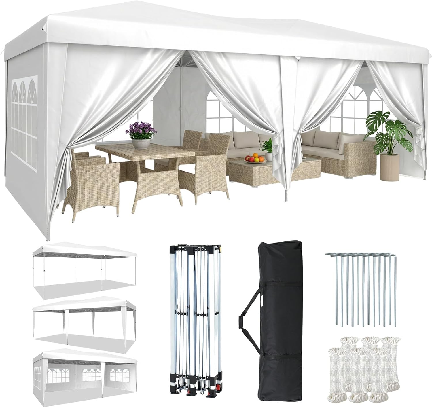 Aoxun 10x20 Pop Up Canopy Tent with 6 Removable Sidewalls, One Push Party Tent Waterproof Outdoor Canopy with 3 Adjustable Height, Portable Tents for Parties, Wedding, Commercial, Market