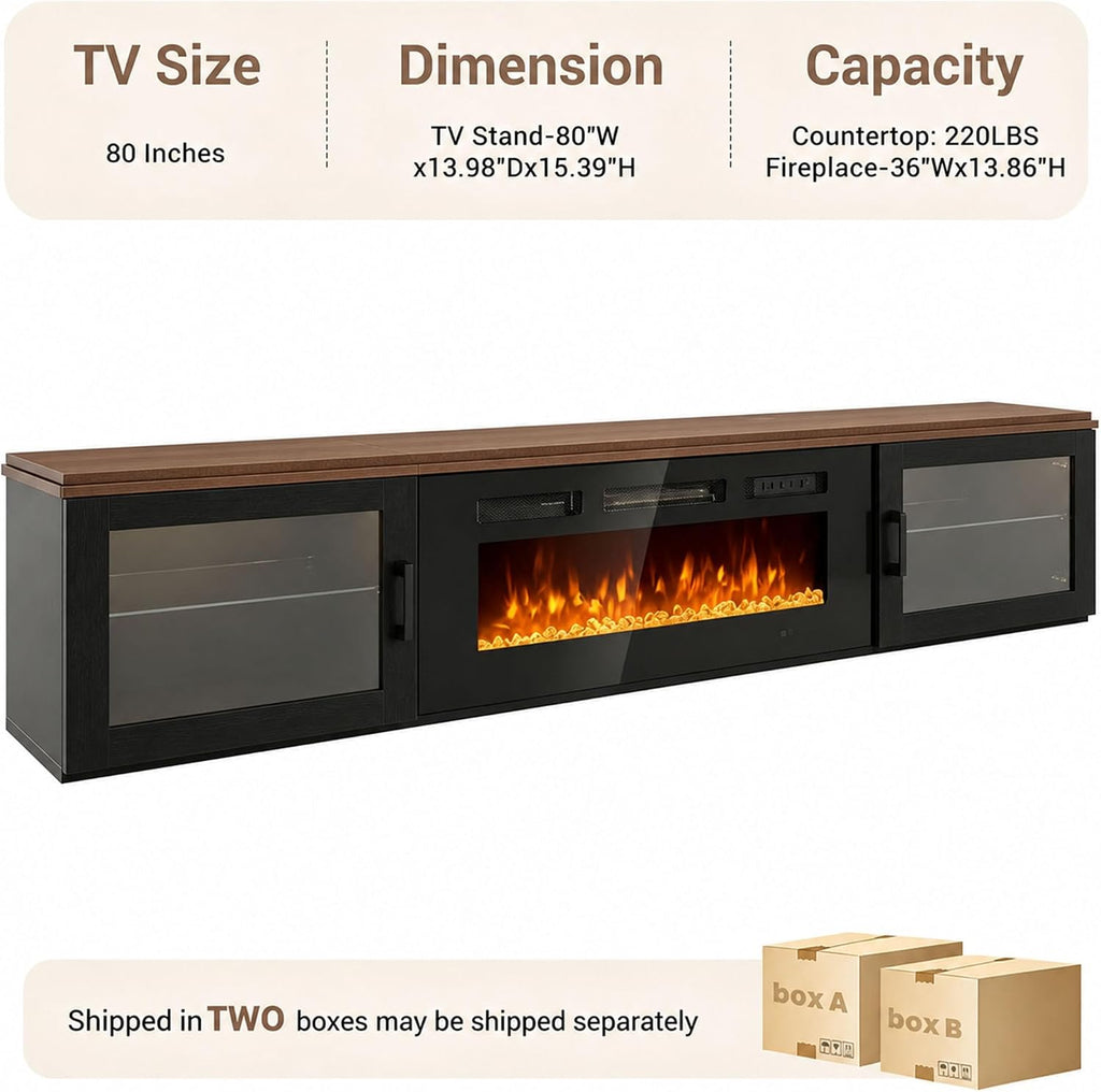 Nordivale 80" Floating TV Stand with 36" Electric Fireplace, Floating Wall Mounted Fireplace Entertainment Center with Storage for TVs Up to 90",Fireplace TV Console for Living Room，Walnut &Black