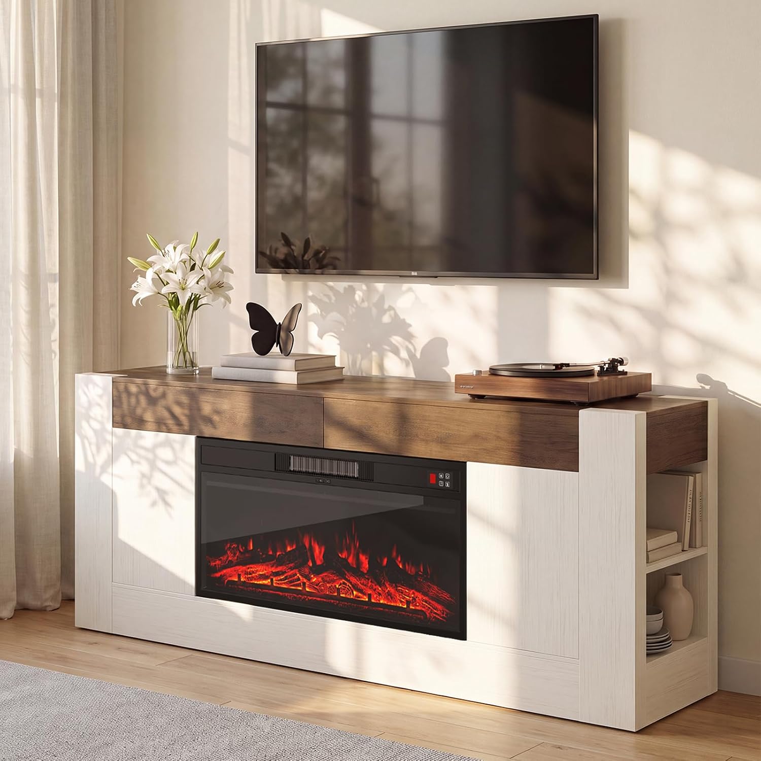 Modern 70 inch TV Stand with Electric Fireplace and Storage, White | Fireplace Entertainment Center for TVs Up to 80", Media Console with Side Storage, Thick Wood Design for Living Room