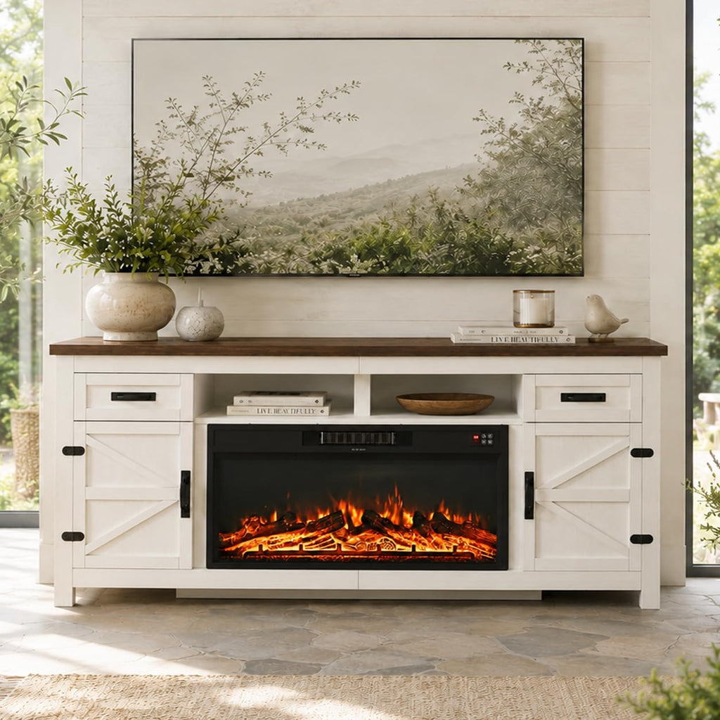 Nordivale Fireplace TV Stand with Barn Door, Farmhouse Fireplace Entertainment Center with Electric Fireplace and Storage for Living Room, 80inch, White