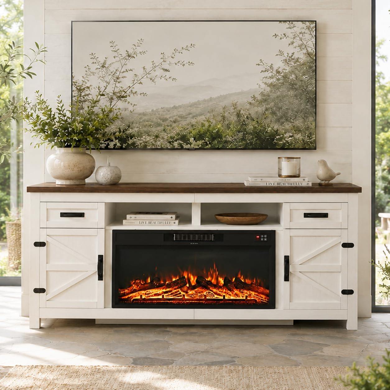 Nordivale Fireplace TV Stand with Barn Door, Farmhouse Fireplace Entertainment Center with Electric Fireplace and Storage for Living Room, 80inch, White
