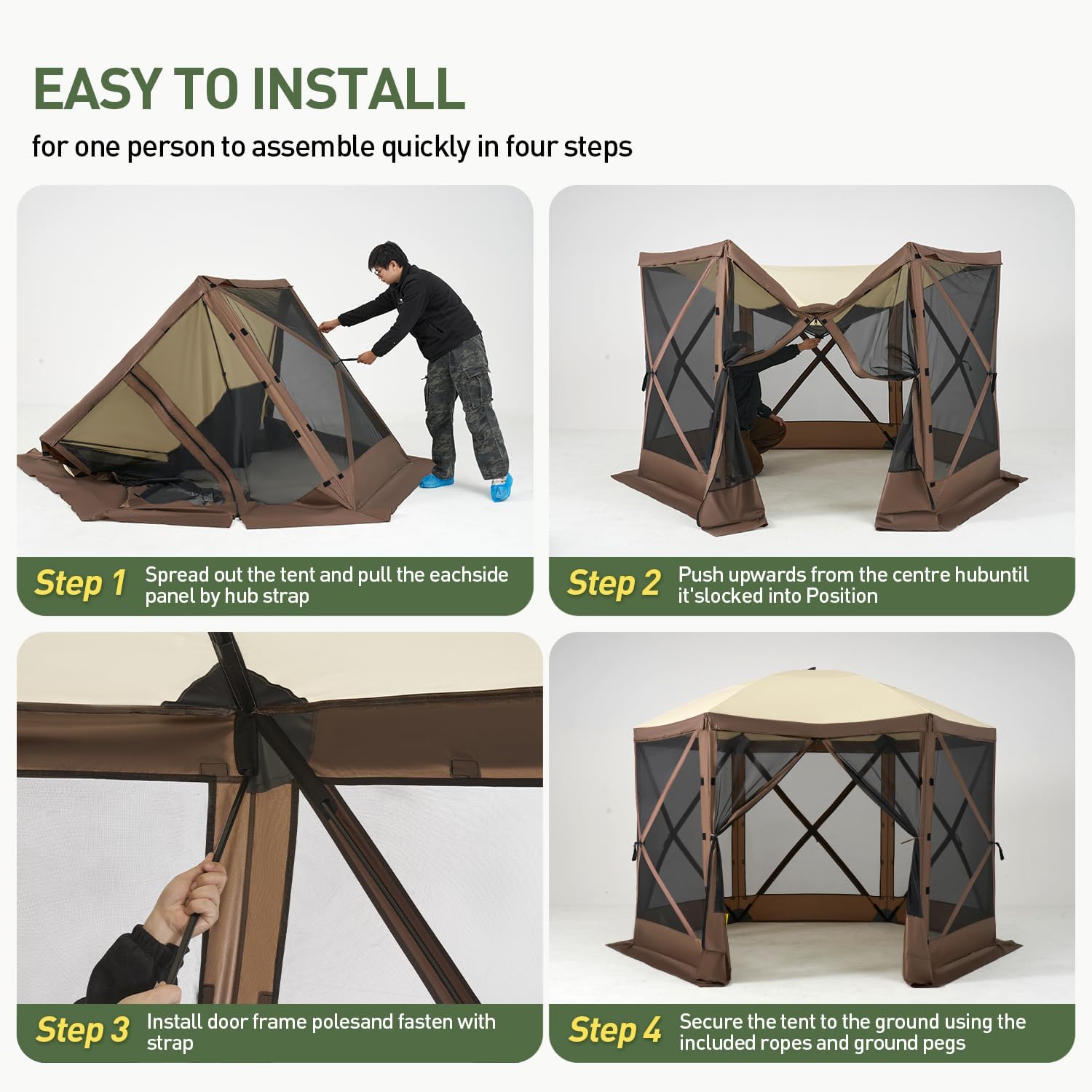 Aoxun 12x12FT Pop Up Canopy Tent, 6-Sided Pop-up Gazebo Screen Tent with Mesh Windows, Outdoor Canopy Shelter Tent with Carrying Bag, Large Shade Tents for Camping, Backyard, Patio, Lawn, Brown