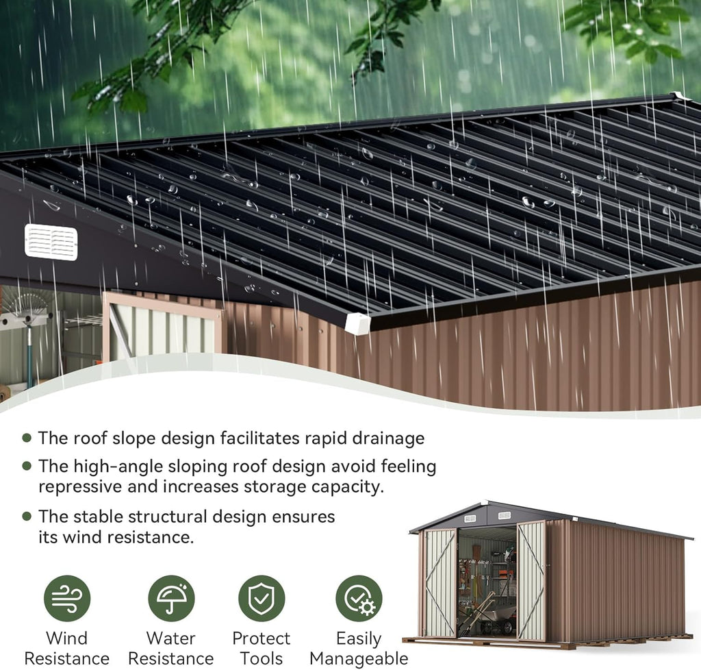 Aoxun 12 x 10FT Outdoor Storage Shed with Double Hinged Large Door, Brown