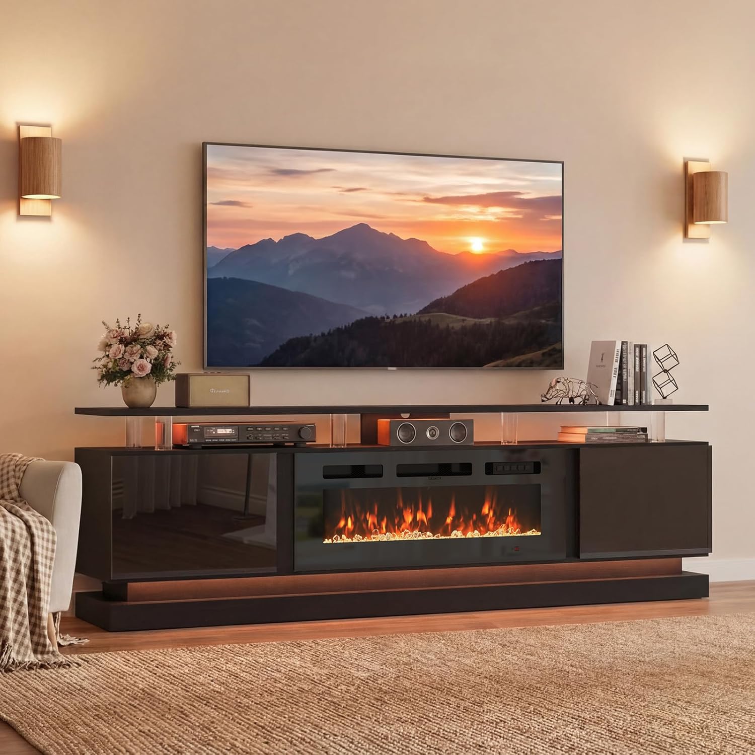 Breezestival 70" Fireplace TV Stand for TVs up to 80", Modern Entertainment Center with Black Fireplace and Storage, White