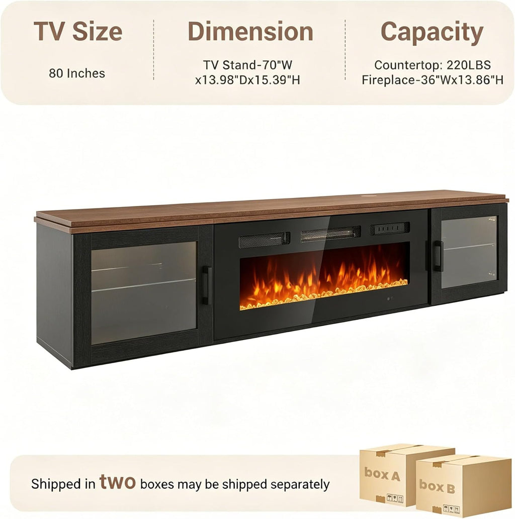 Nordivale 70" Floating TV Stand,Floating Wall Mounted Fireplace Entertainment Center with Storage for TVs Up to 80",Electric Fireplace TV Stand for Living Room,WI-FI Enable,Walnut&Black