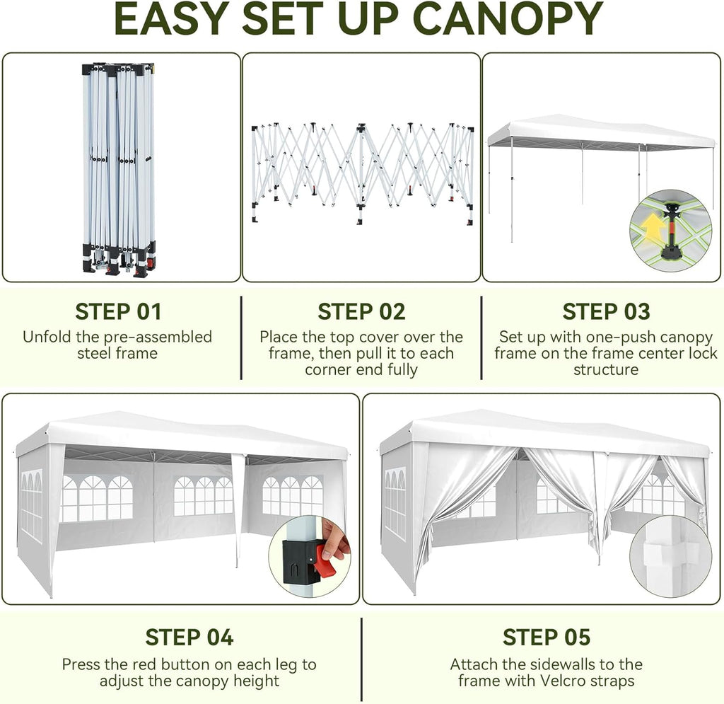 Aoxun 10x20 Pop Up Canopy Tent with 6 Removable Sidewalls, One Push Party Tent Waterproof Outdoor Canopy with 3 Adjustable Height, Portable Tents for Parties, Wedding, Commercial, Market