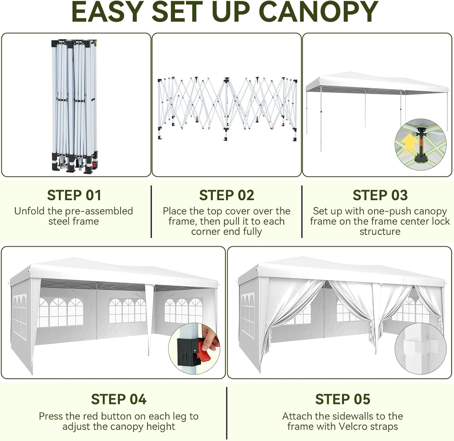 Aoxun 10x20 Pop Up Canopy Tent with 6 Removable Sidewalls, One Push Party Tent Waterproof Outdoor Canopy with 3 Adjustable Height, Portable Tents for Parties, Wedding, Commercial, Market