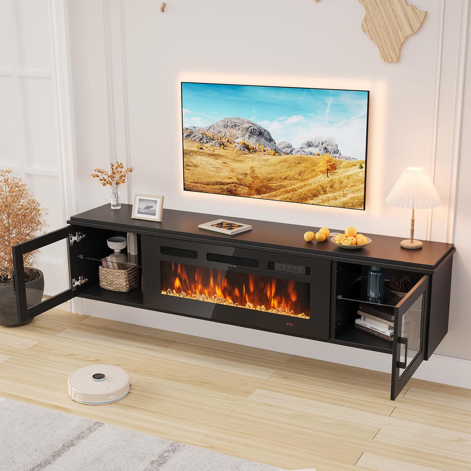 Nordivale 80" Floating TV Stand with 36" Electric Fireplace, Wall Mounted Fireplace Entertainment Center with Storage for TVs Up to 90",WI-FI Enable Fireplace TV Stand for Living Room,Brown&Black