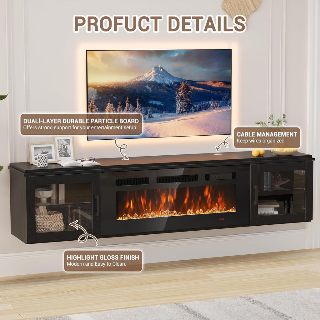 Nordivale 80" Floating TV Stand with 36" Electric Fireplace, Wall Mounted Fireplace Entertainment Center with Storage for TVs Up to 90",WI-FI Enable Fireplace TV Stand for Living Room,Brown&Black