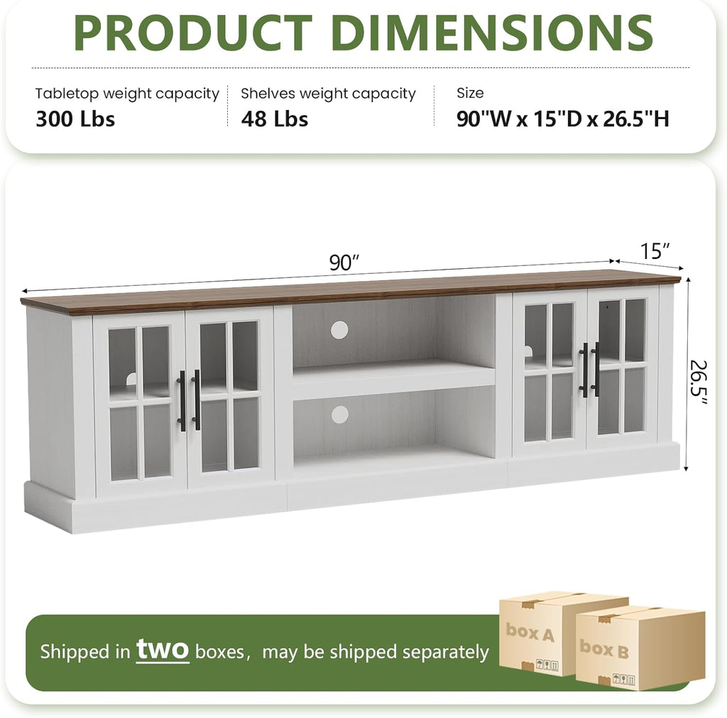 Breezestival 90 Inch Farmhouse TV Stand for TVs up to 100", Media Entertainment Center with Adjustable Shelves and Large Storage Cabinets, for Living Room, White