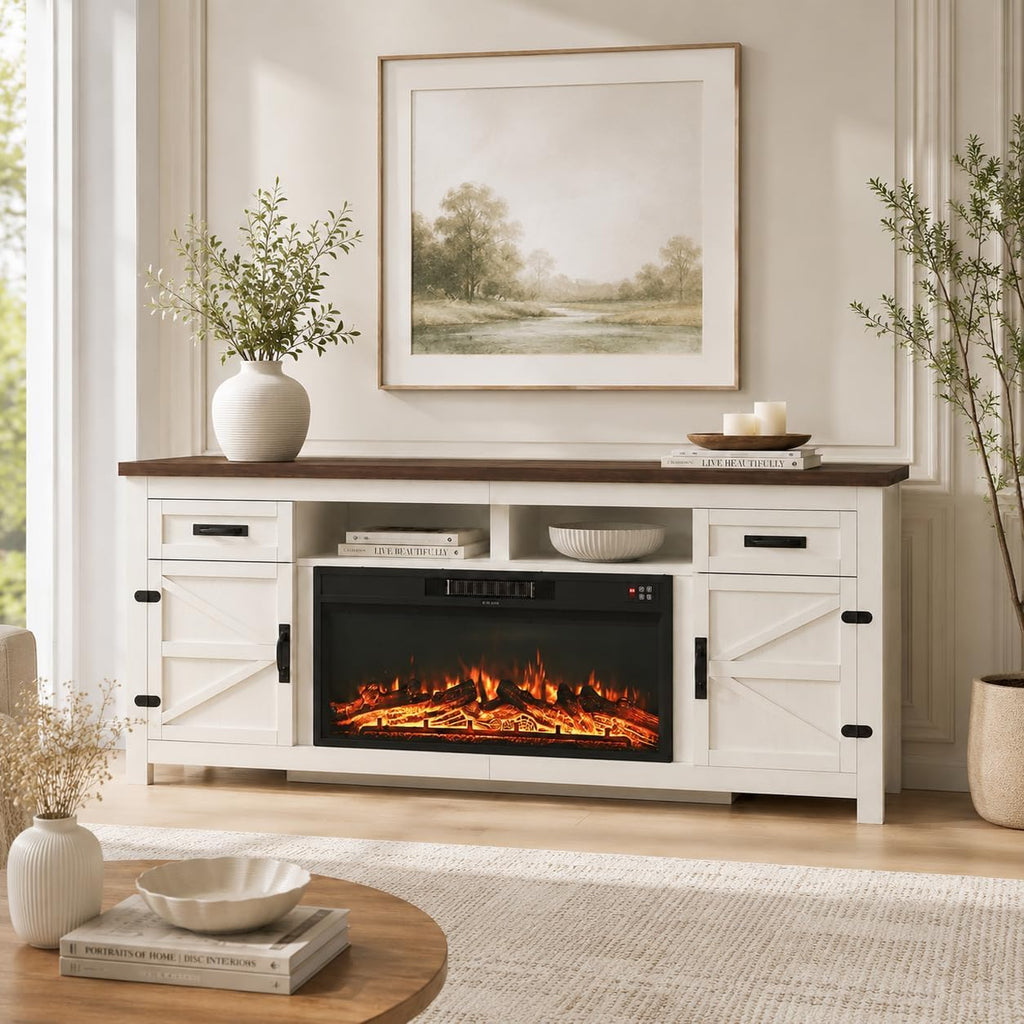 Nordivale Fireplace TV Stand with Barn Door, Farmhouse Fireplace Entertainment Center with Electric Fireplace and Storage for Living Room, 80inch, White