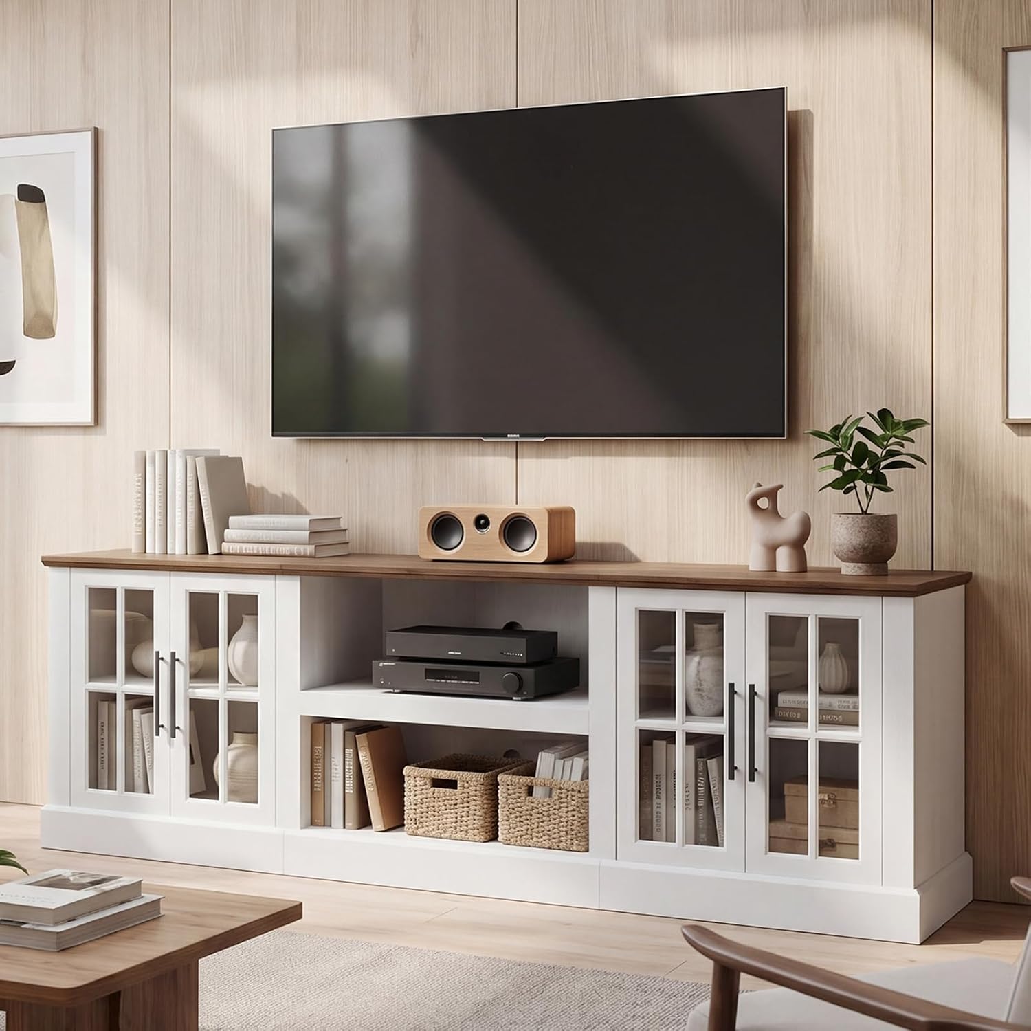 Breezestival 80 Inch Farmhouse TV Stand for TVs up to 90", Media Entertainment Center with Adjustable Shelves and Large Storage Cabinets, for Living Room, White
