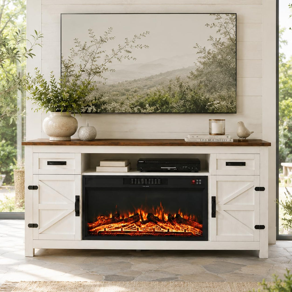 Nordivale Fireplace TV Stand with Barn Door, Farmhouse Fireplace Entertainment Center with Electric Fireplace and Storage for Living Room, 70inch, White