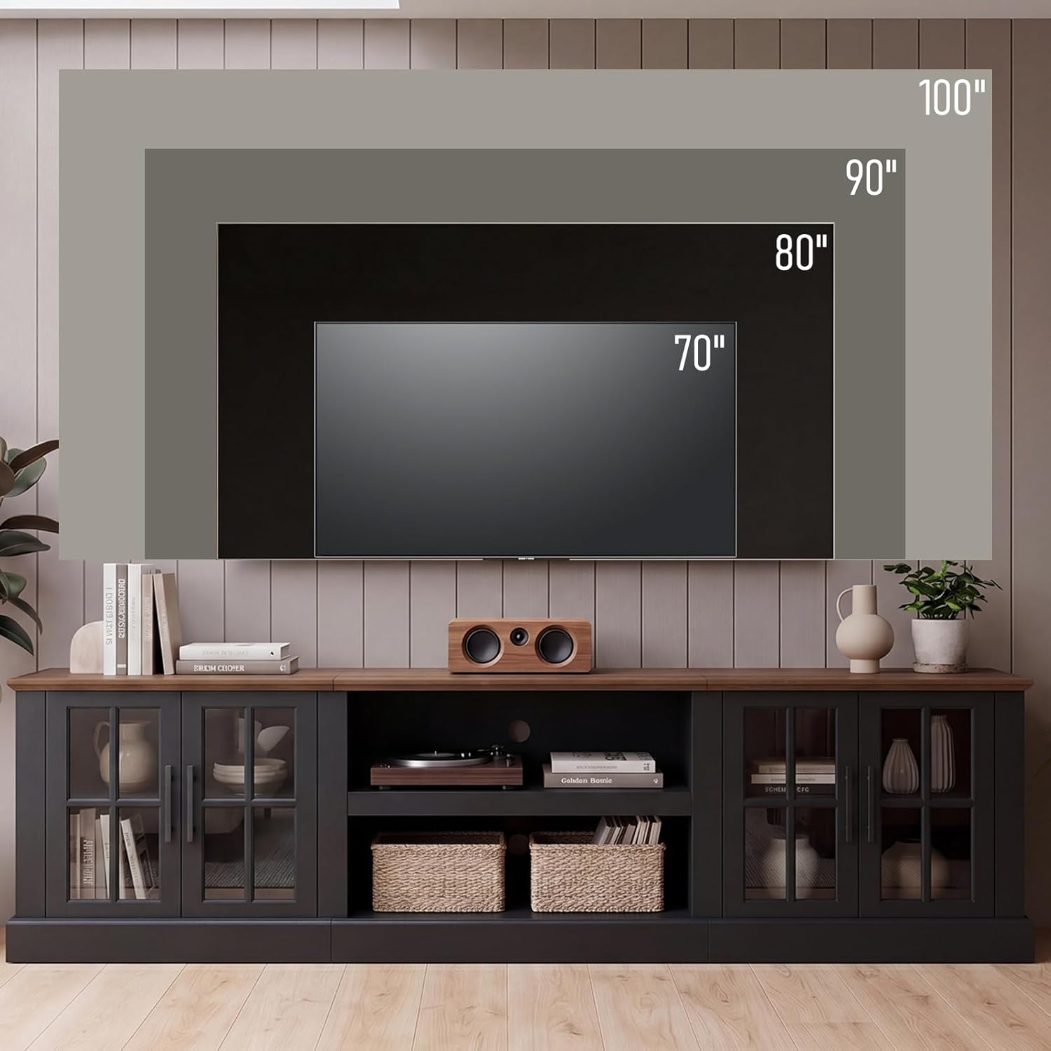 Breezestival 90" Farmhouse TV Stand for TVs up to 100", Media Entertainment Center with Adjustable Shelves and Large Storage Cabinets, for Living Room, Black