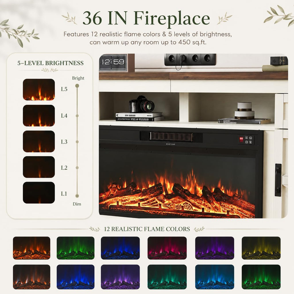 Nordivale Fireplace TV Stand with Barn Door, Farmhouse Fireplace Entertainment Center with Electric Fireplace and Storage for Living Room, 80inch, White