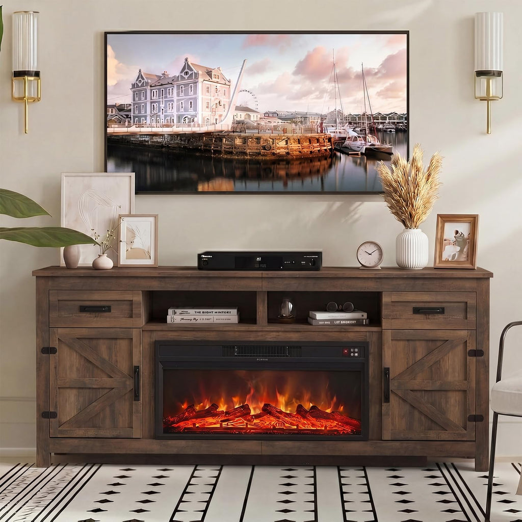 Breezestival Fireplace TV Stand, 80" Farmhouse TV Stand with Barn Door for 85" TVs, Entertainment Center with Black Fireplace & Storage, Brown