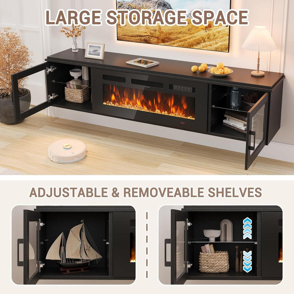Nordivale 80" Floating TV Stand with 36" Electric Fireplace, Wall Mounted Fireplace Entertainment Center with Storage for TVs Up to 90",WI-FI Enable Fireplace TV Stand for Living Room,Brown&Black