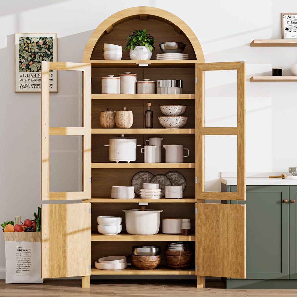 Breezestival 71" Tall Arched Kitchen Pantry Cabinet, Modern Farmhouse Wood Kitchens Storage Cabinets, Cupboard for Dining Room, Kitchen, Bathroom, Natural