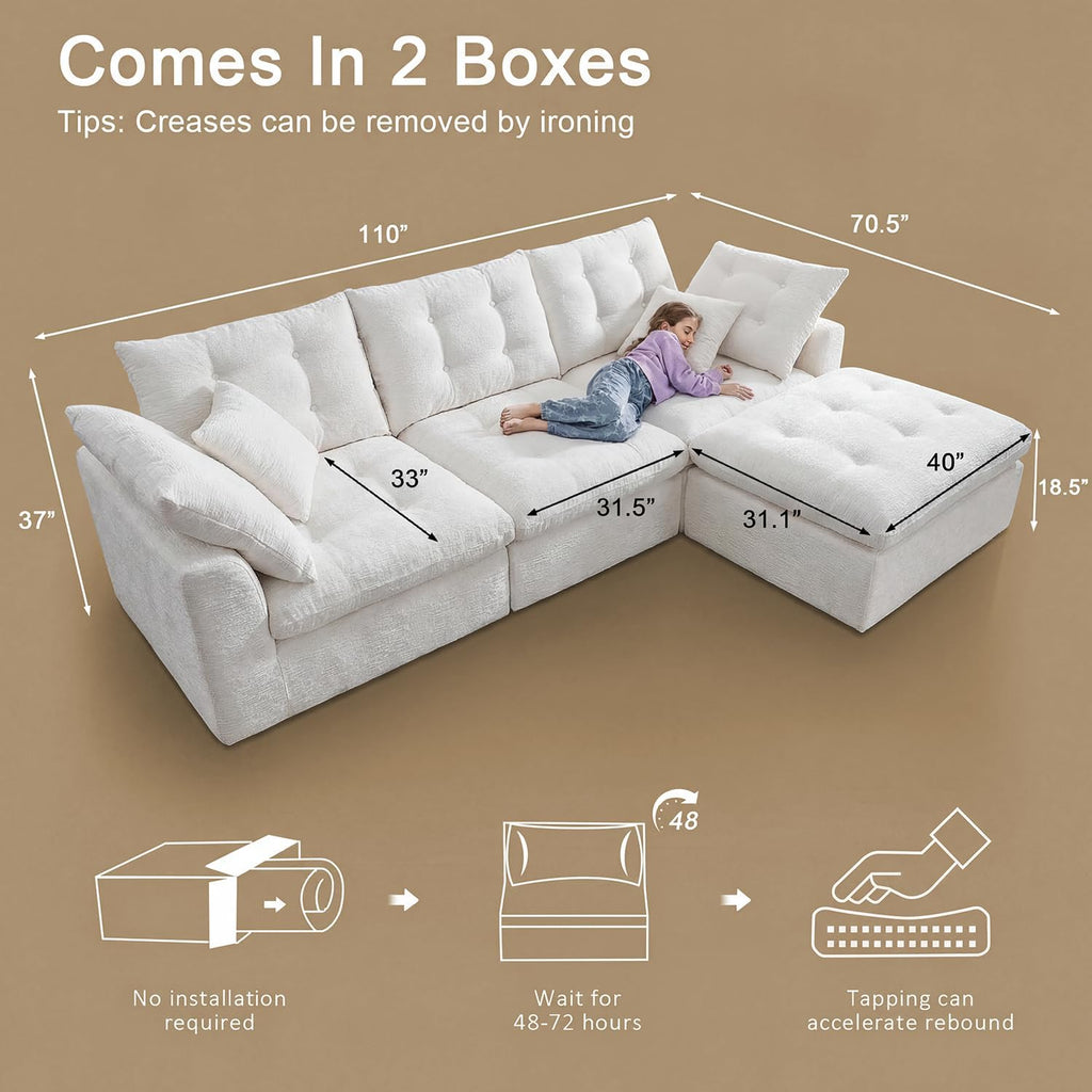 Nordivale 110" Cloud Sectional Couches L-Shaped Modular Boneless Chenille Sofa Couches with Deep Seat Ottoman and Side Pockets, Module Combination for Living Room 3 Seater