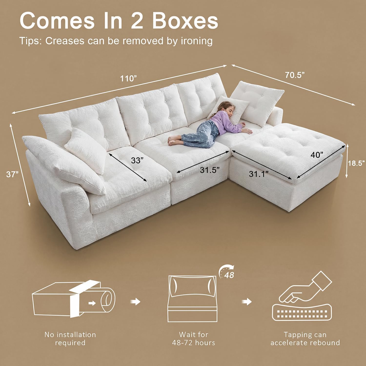 Nordivale 110" Cloud Sectional Couches L-Shaped Modular Boneless Chenille Sofa Couches with Deep Seat Ottoman and Side Pockets, Module Combination for Living Room 3 Seater