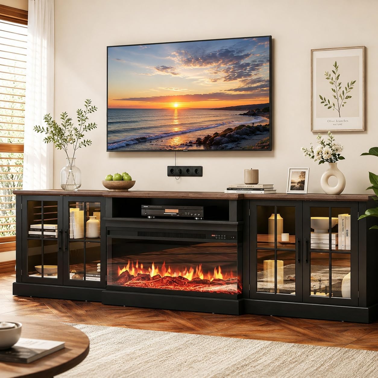 Nordivale 98 Inch Farmhouse TV Stand with 36" Fireplace for TVs up to 100", Media Entertainment Center with Adjustable Shelves and Large Storage Cabinets,Fireplace TV Stand for Living Room, Black