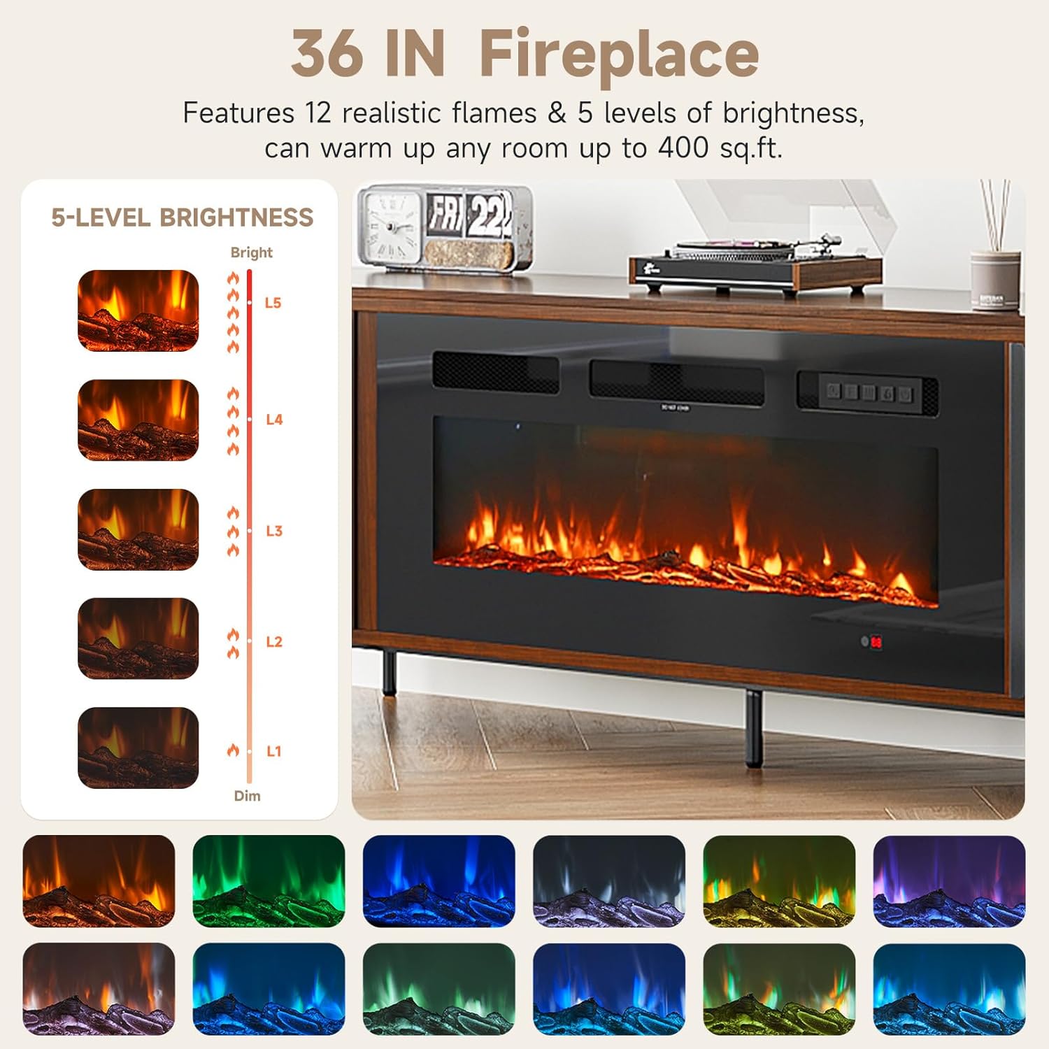 Luxury 70" Fluted TV Stand with Fireplace, Mid Century Modern TV Stand, Entertainment Center for TVs Up to 80", Electric Fireplace TV Console for Living Room with Storage,70 Inch, Brown