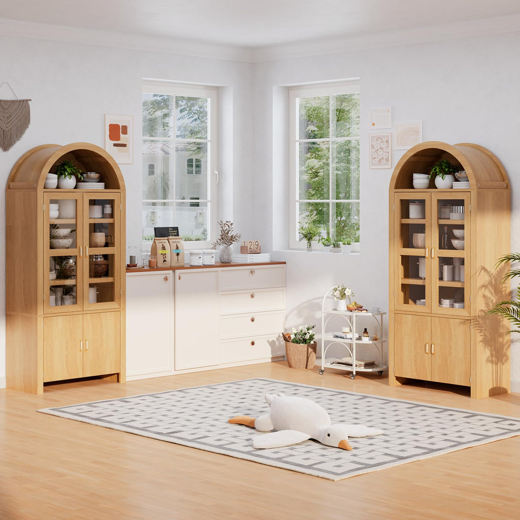 Breezestival 71" Tall Arched Kitchen Pantry Cabinet, Modern Farmhouse Wood Kitchens Storage Cabinets, Cupboard for Dining Room, Kitchen, Bathroom, Natural